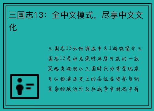 三国志13:全中文模式,尽享中文文化